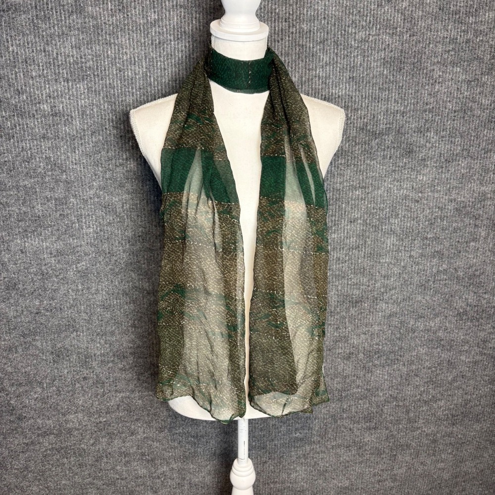 Carole Little Green Brown Snake Abstract Print 100% Silk Sheer Rectangular Scarf